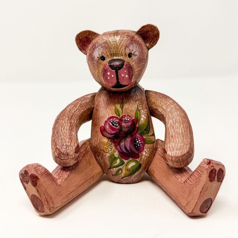 Hand Painted Wooden Teddy Bear Jointed Articulated Folk Art Floral Shelf Sitter